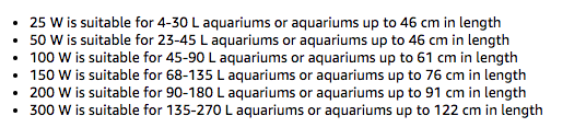 Aquarium heaters - size guide